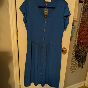 Amazon Women's Blue V-Neck Midi Dress with Button Front